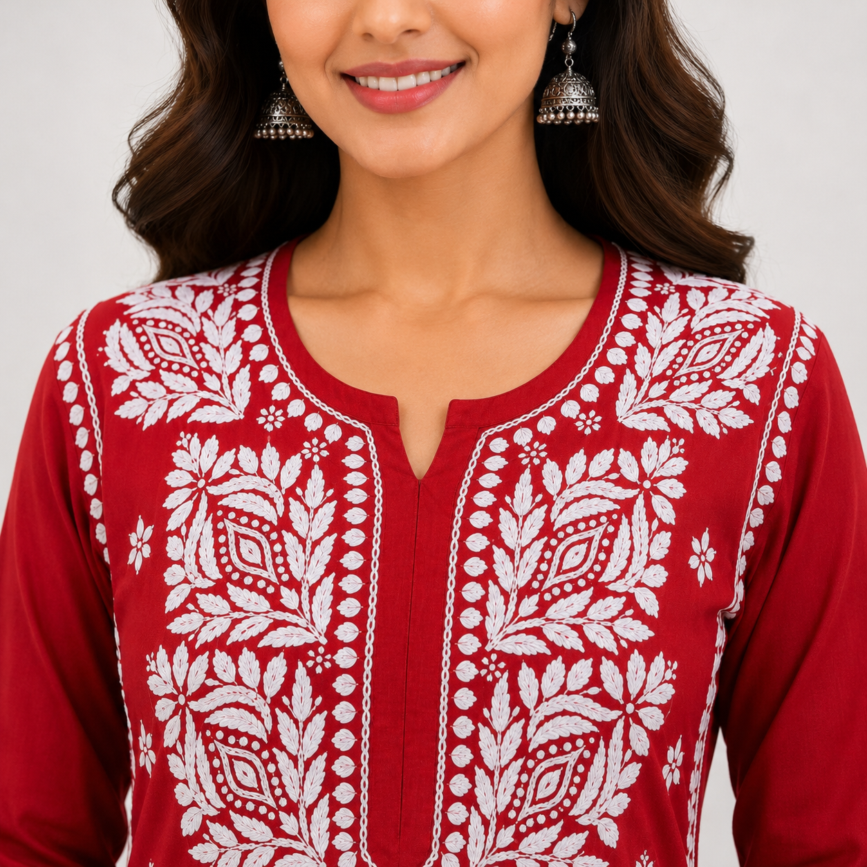 Women's Sindoori Red Rayon Chikankari Kurti | Rajvithi