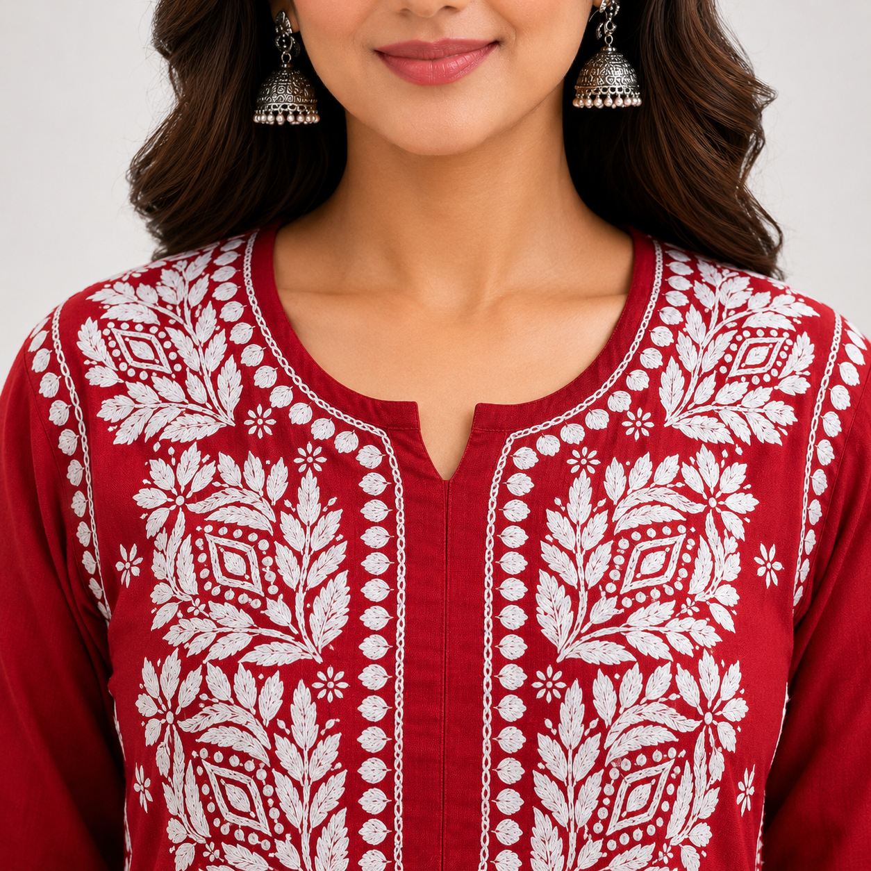 Women's Sindoori Red Rayon Chikankari Kurti | Rajvithi