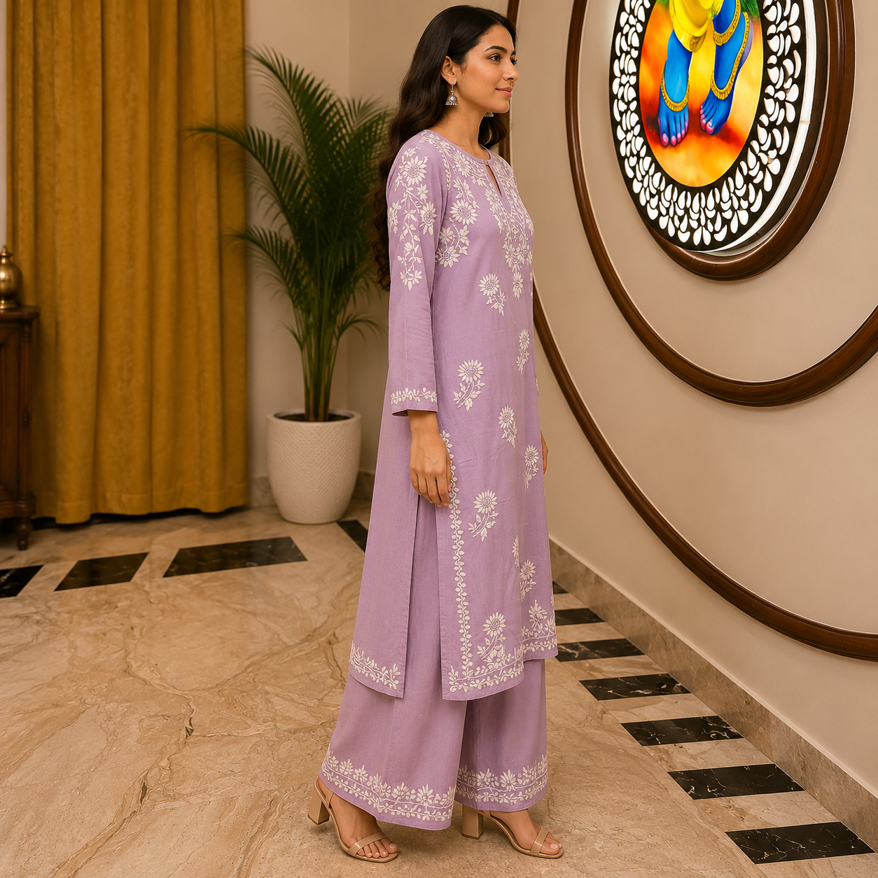 Women's Lavender Rayon Chikankari Kurti with Palazzo Set | Rajvithi