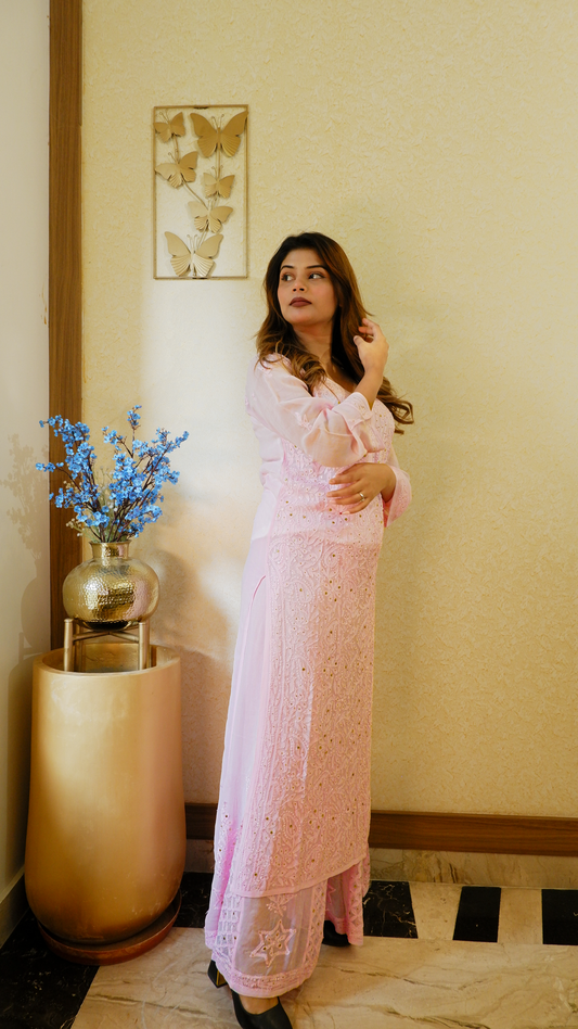 Gulabi Nazaakat (Pure Georgette Chikan Kari Kurta &amp; Bottom Set)