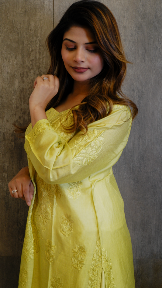 Lemon Glow (Chanderi Kurti &amp; Pant Set)