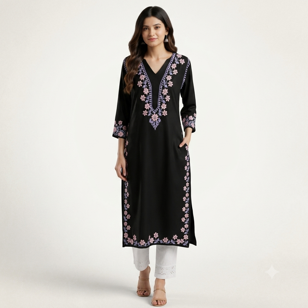 Women's Black Rayon Chikankari Kurti | Rajvithi