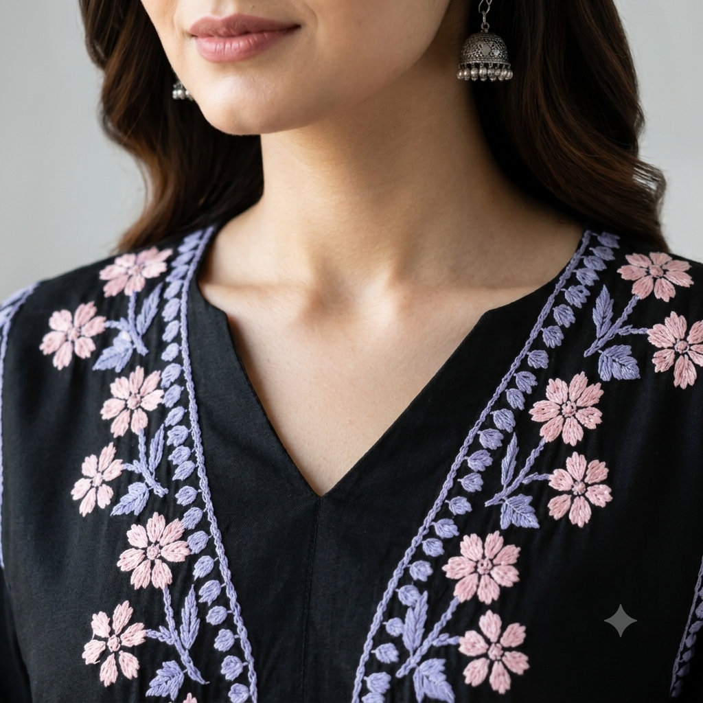 Women's Black Rayon Chikankari Kurti | Rajvithi