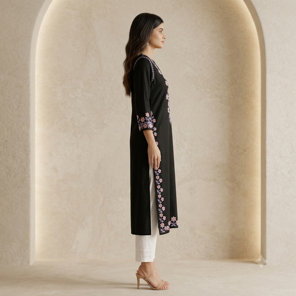 Women's Black Rayon Chikankari Kurti | Rajvithi