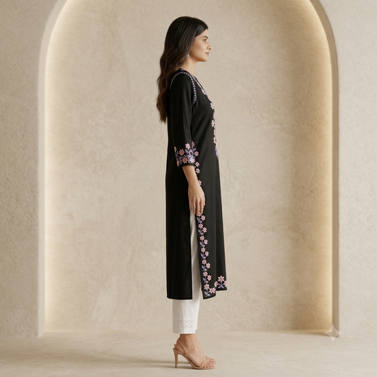Women's Black Rayon Chikankari Kurti | Rajvithi