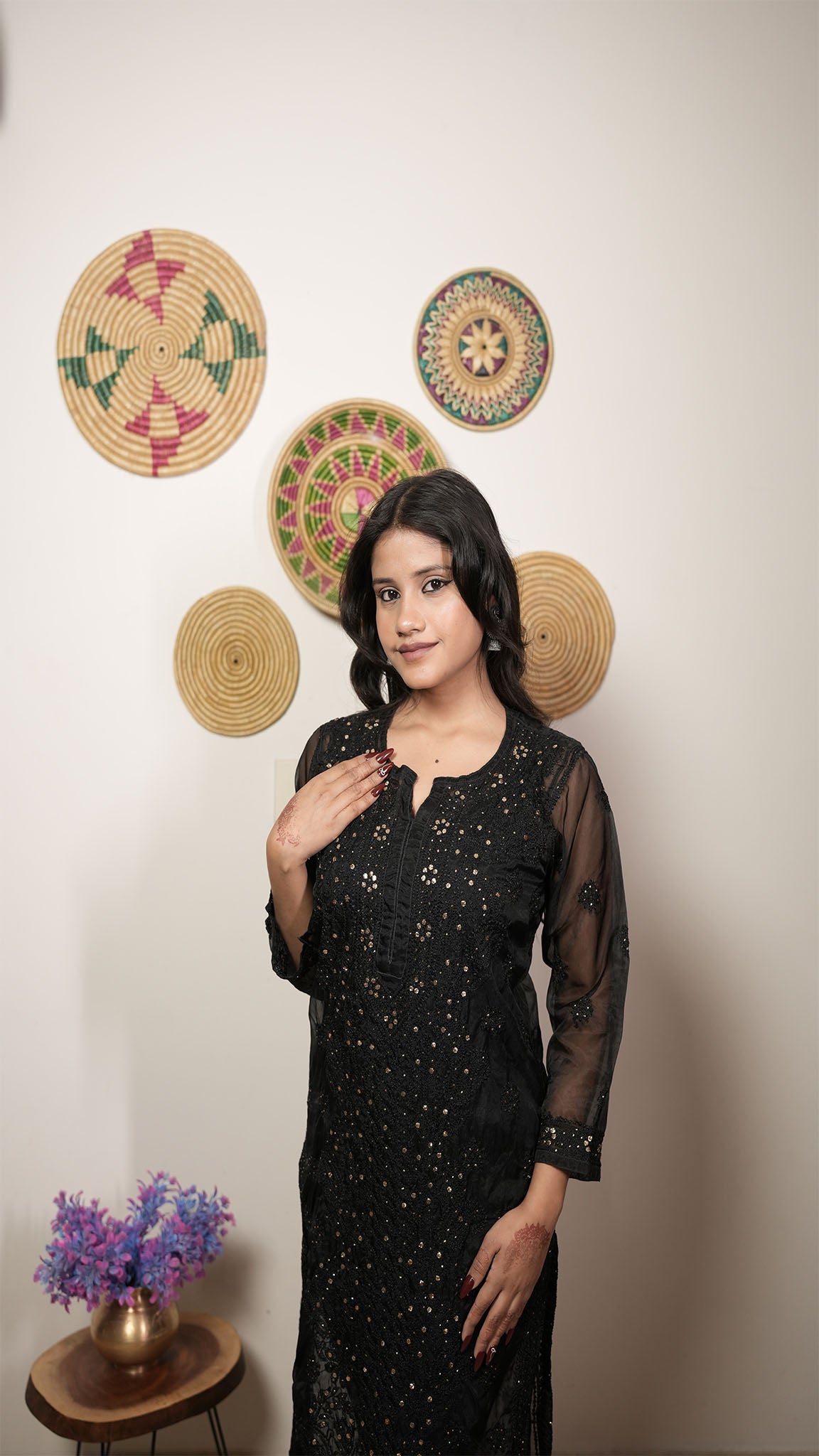 Black Embroidered Kurti with Sheer Sleeves
