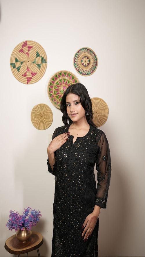Black Embroidered Kurti with Sheer Sleeves