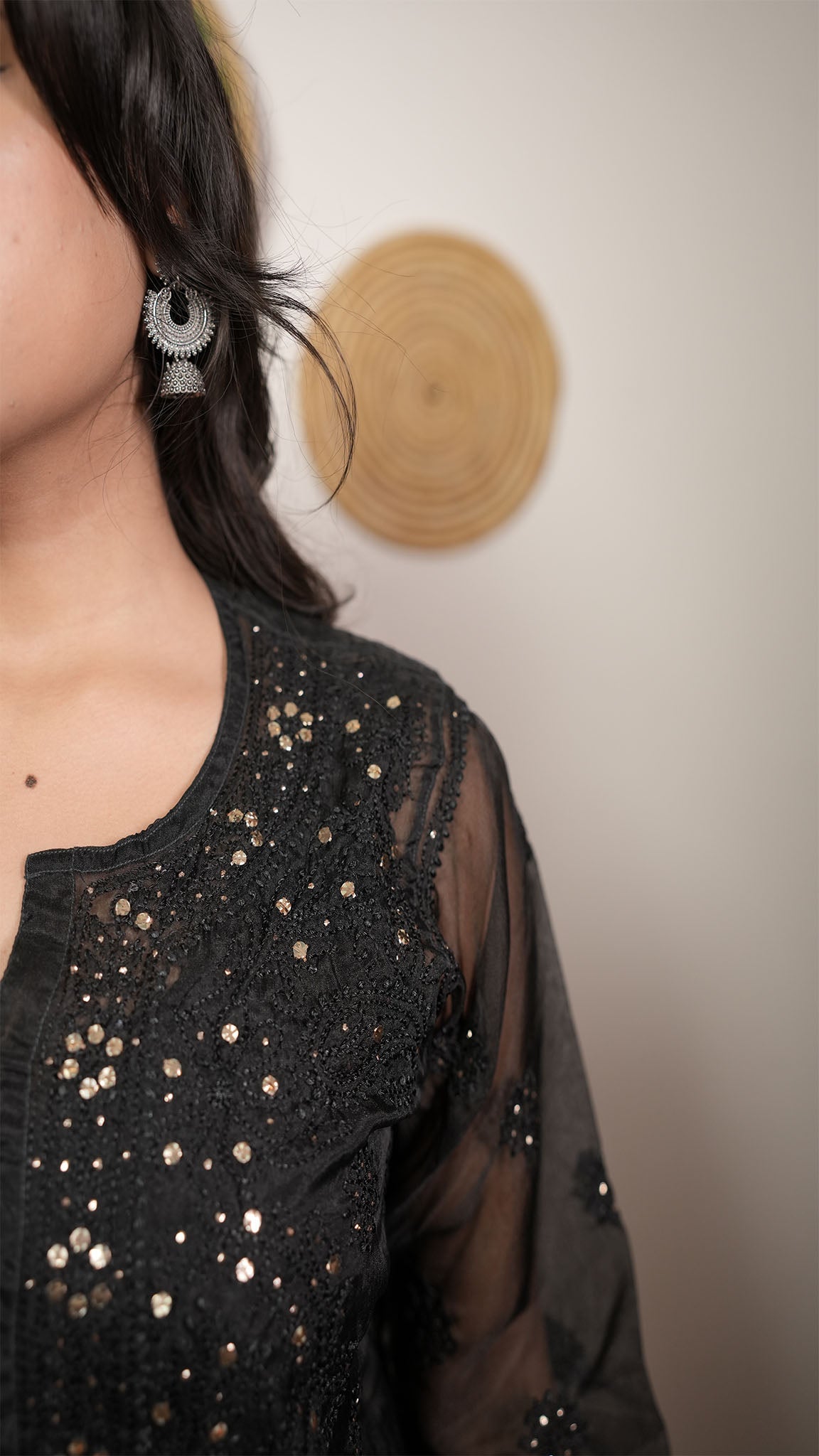 Black Embroidered Kurti with Sheer Sleeves
