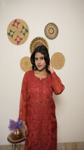 Red Embroidered Kurti with Sheer Sleeves