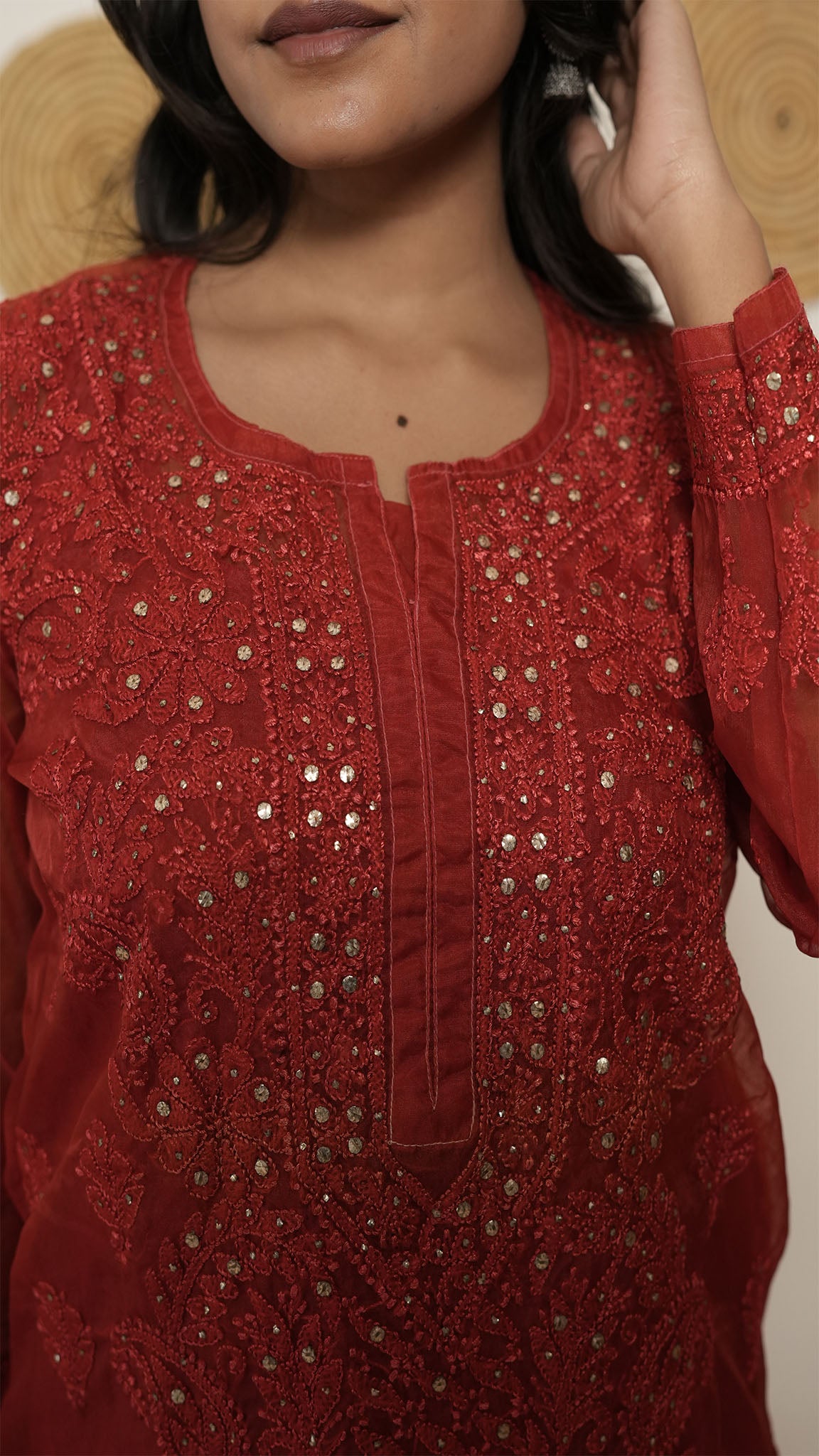 Red Embroidered Kurti with Sheer Sleeves