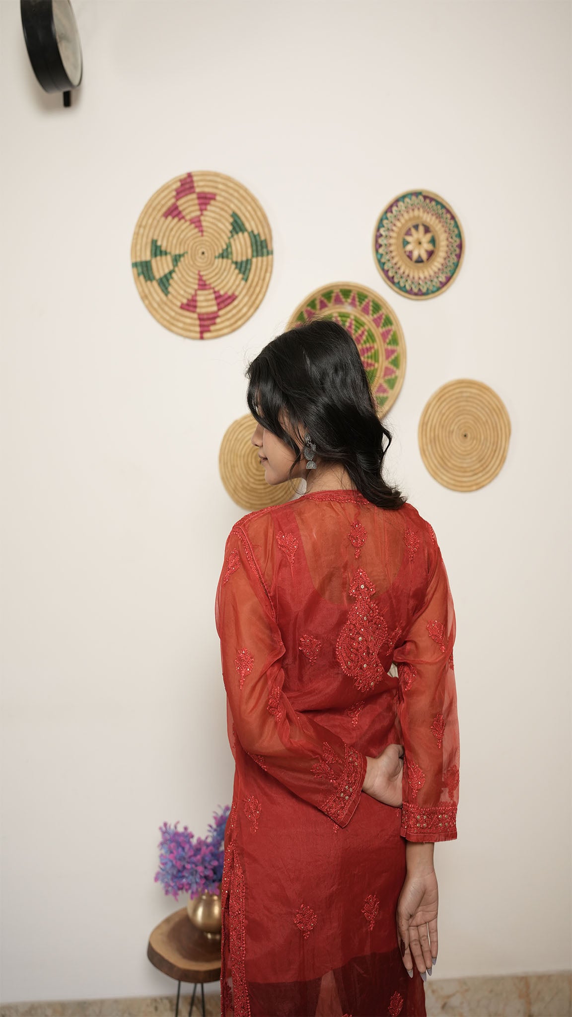 Red Embroidered Kurti with Sheer Sleeves