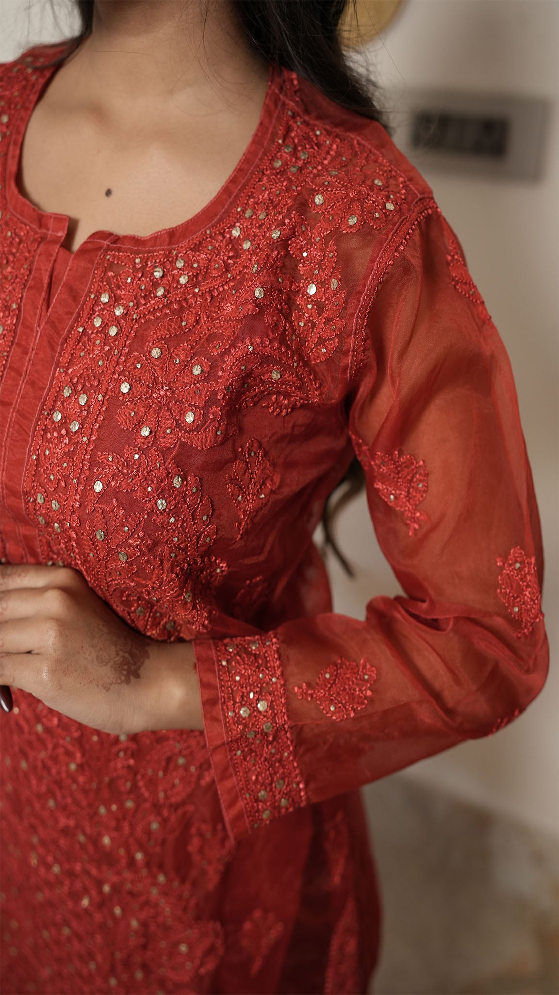 Red Embroidered Kurti with Sheer Sleeves