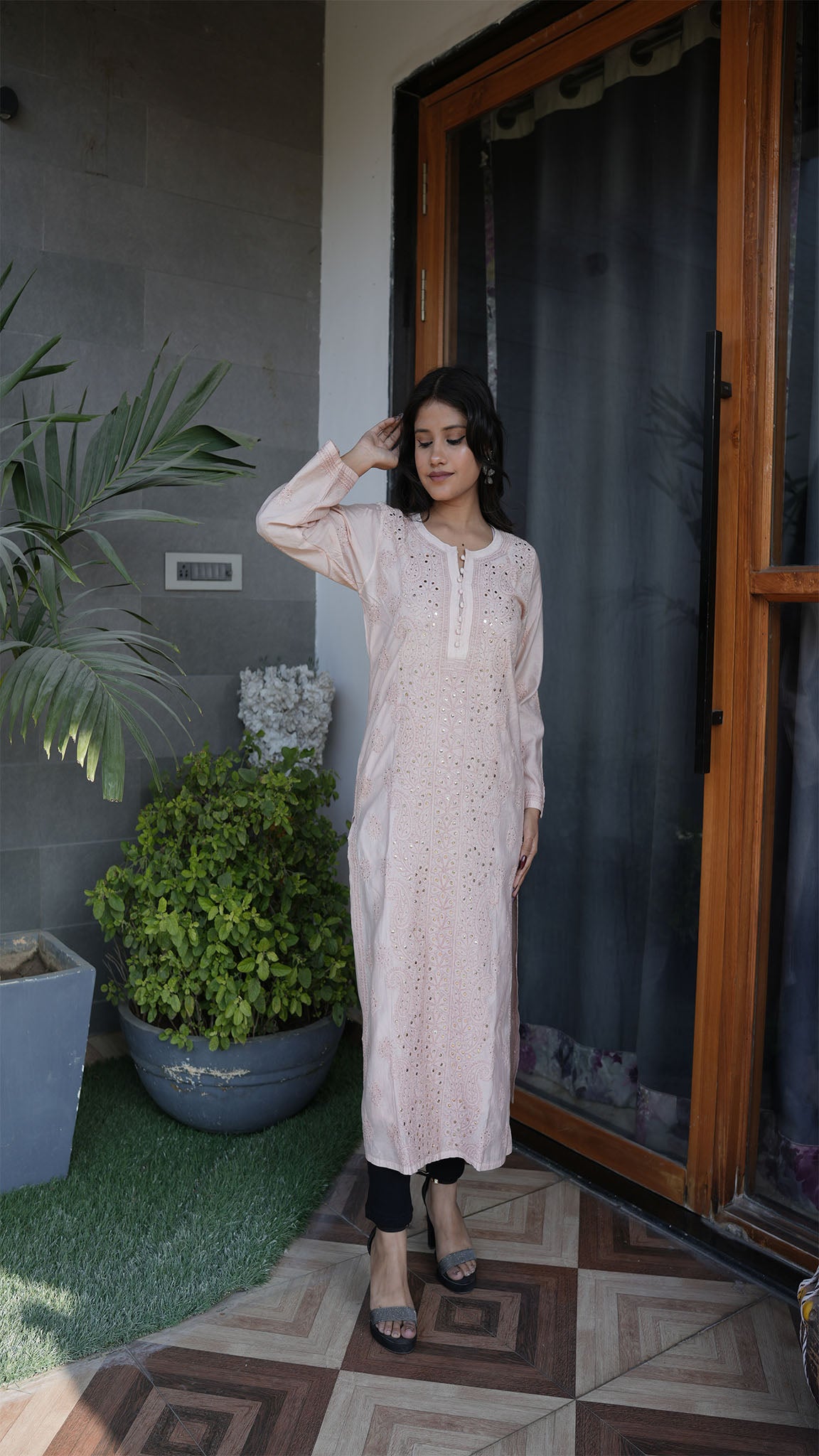 Peach Embroidered Straight Kurti with Delicate Detailing