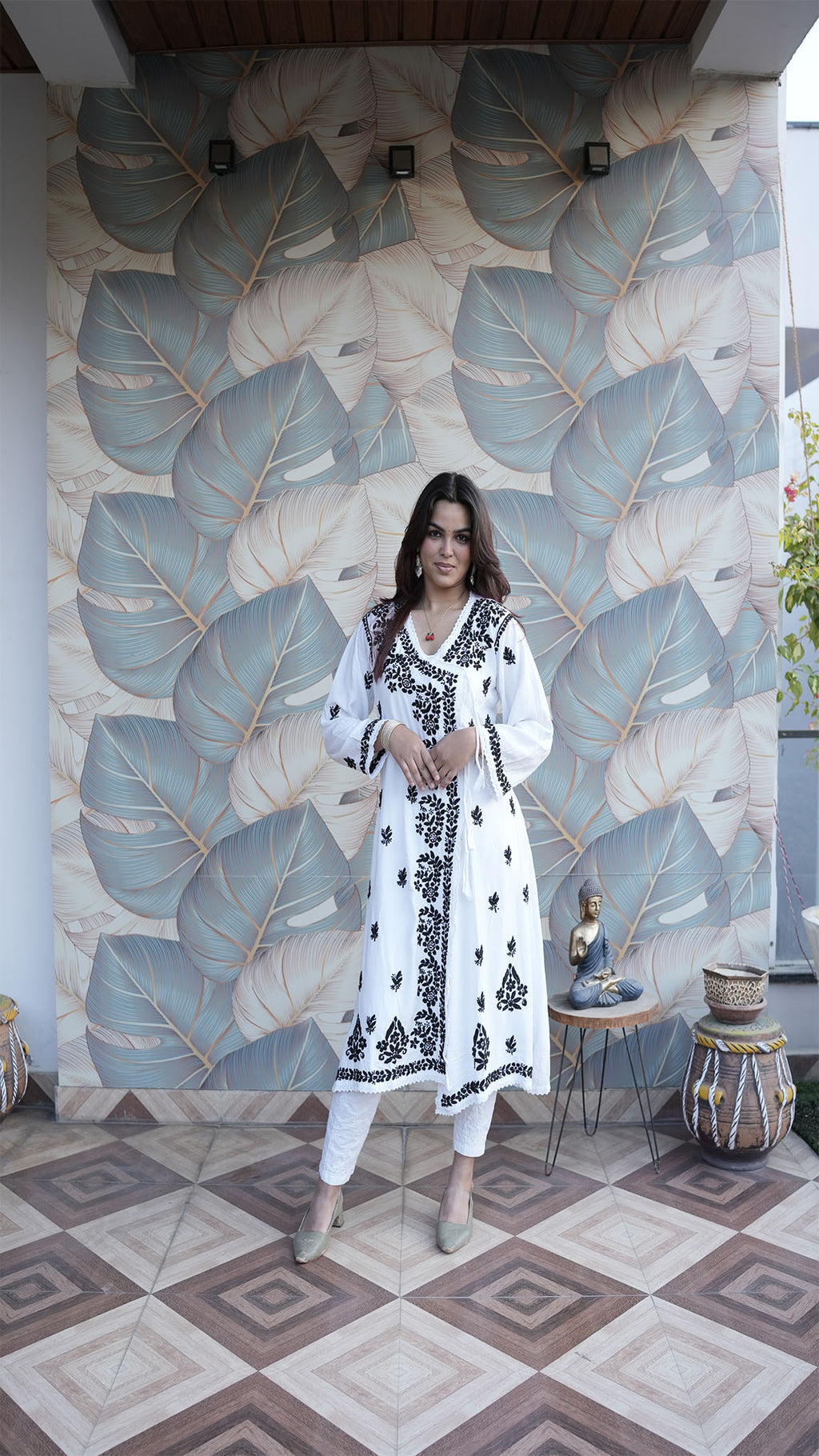 White & Black Printed Anarkali Kurti with Floral Detailing