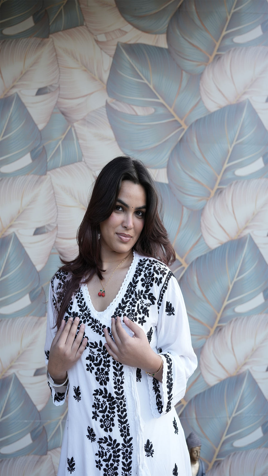White & Black Printed Anarkali Kurti with Floral Detailing