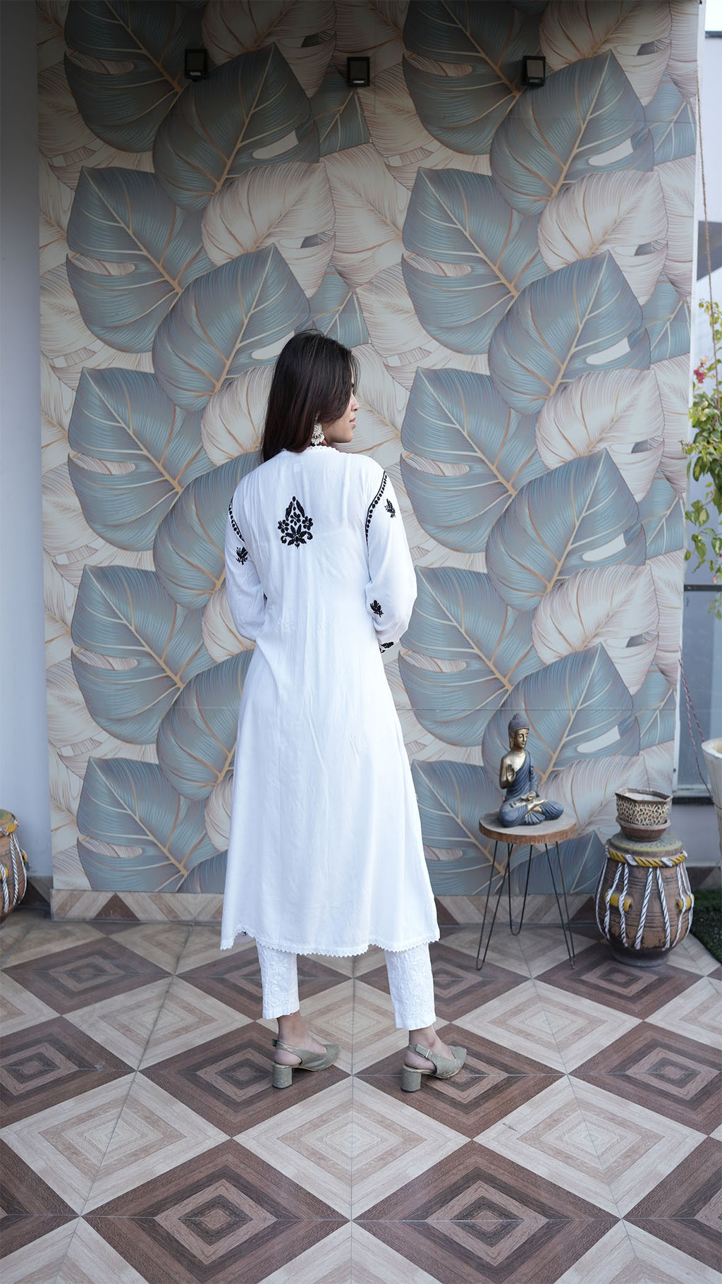 White & Black Printed Anarkali Kurti with Floral Detailing