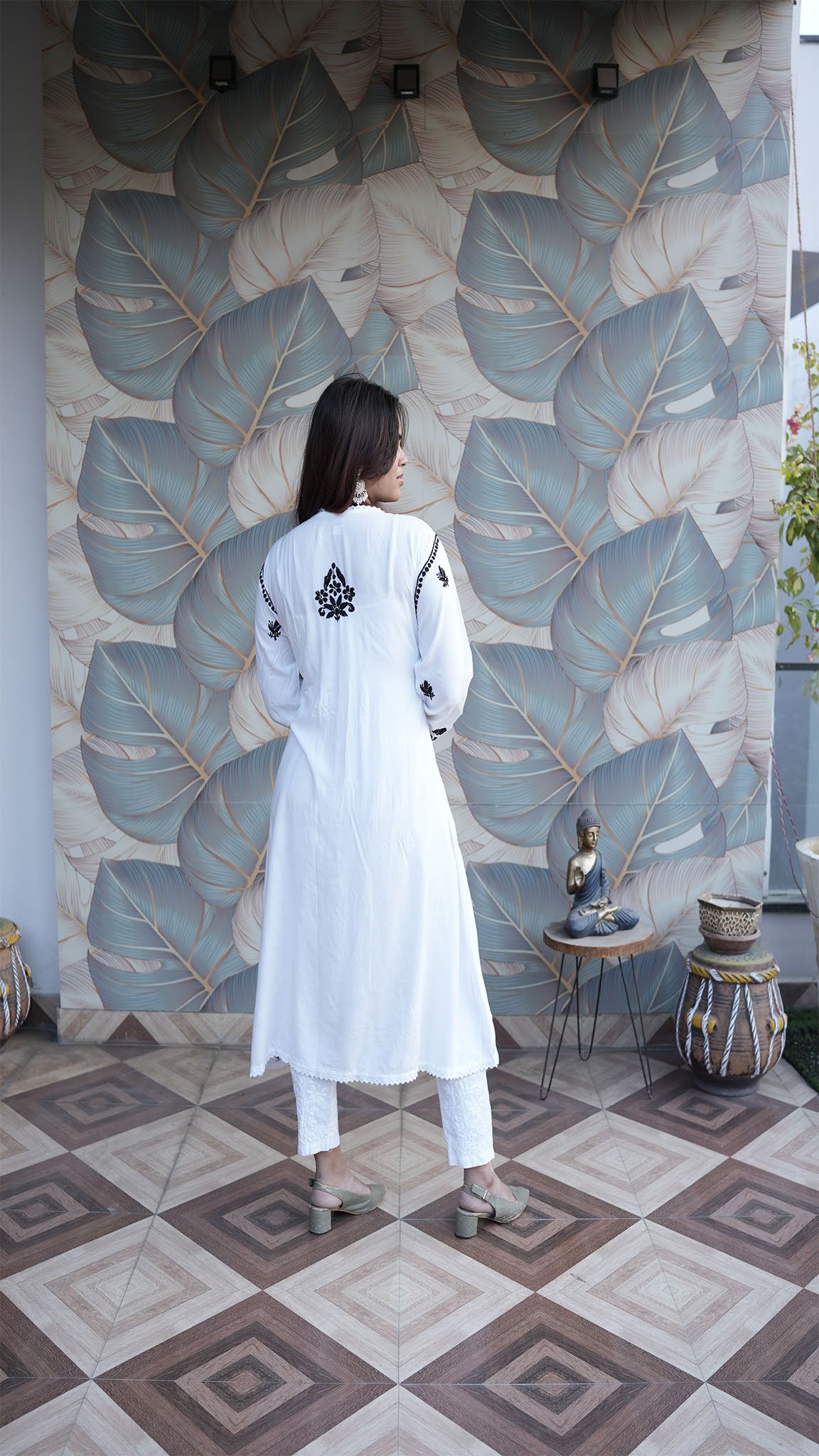White & Black Printed Anarkali Kurti with Floral Detailing