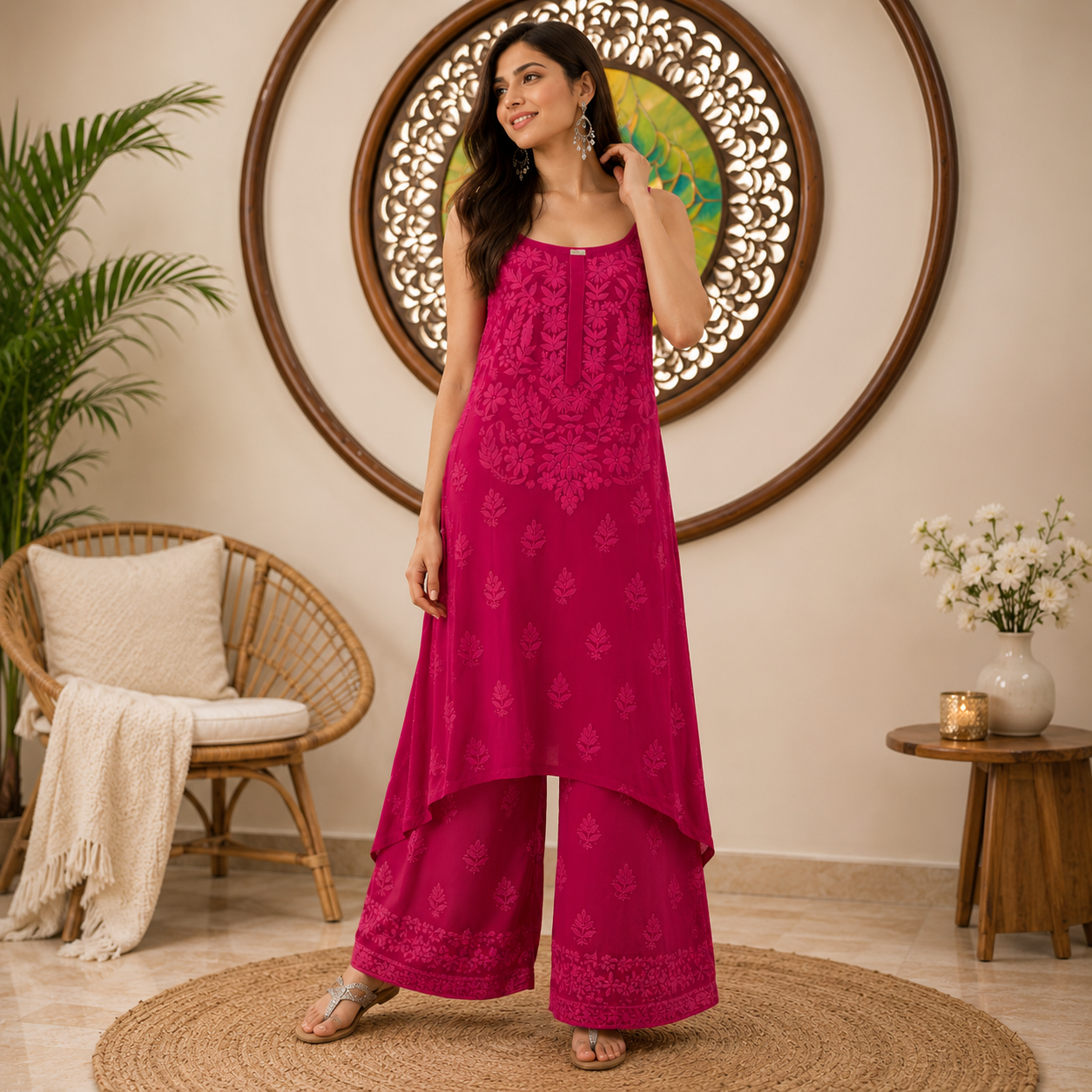 Premium Rayon Chikankari Kurta Palazzo Set for Women in Dark Fuchsia