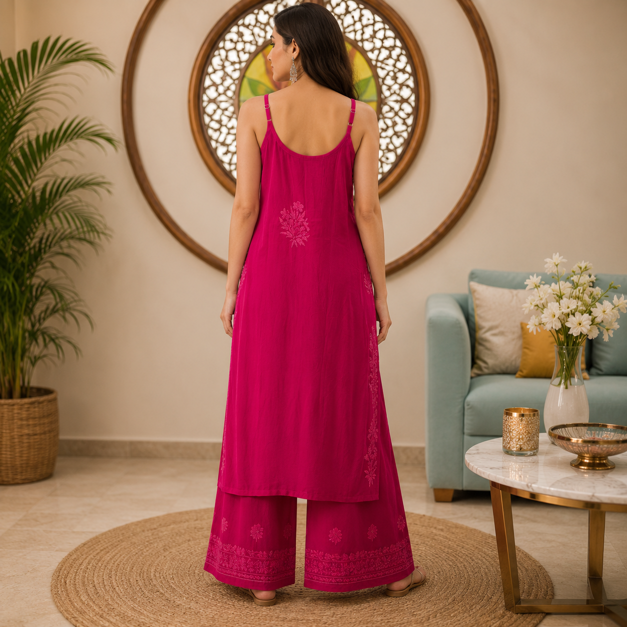 Premium Rayon Chikankari Kurta Palazzo Set for Women in Dark Fuchsia