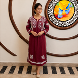 Rajvithi Women's Maroon A-Line Chikankari Kurta