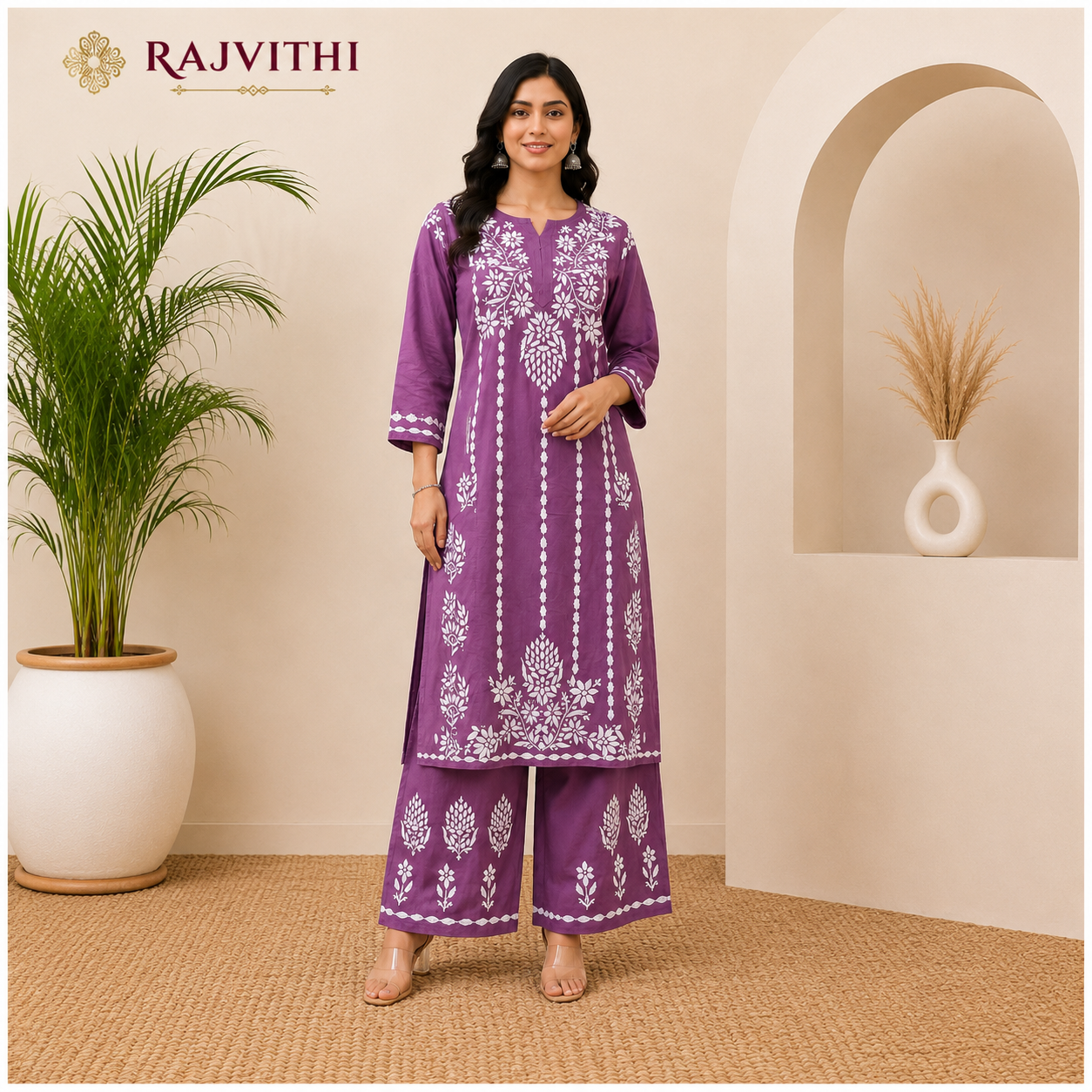 Rajvithi Women's Purple Chikankari Kurta Palazzo Set