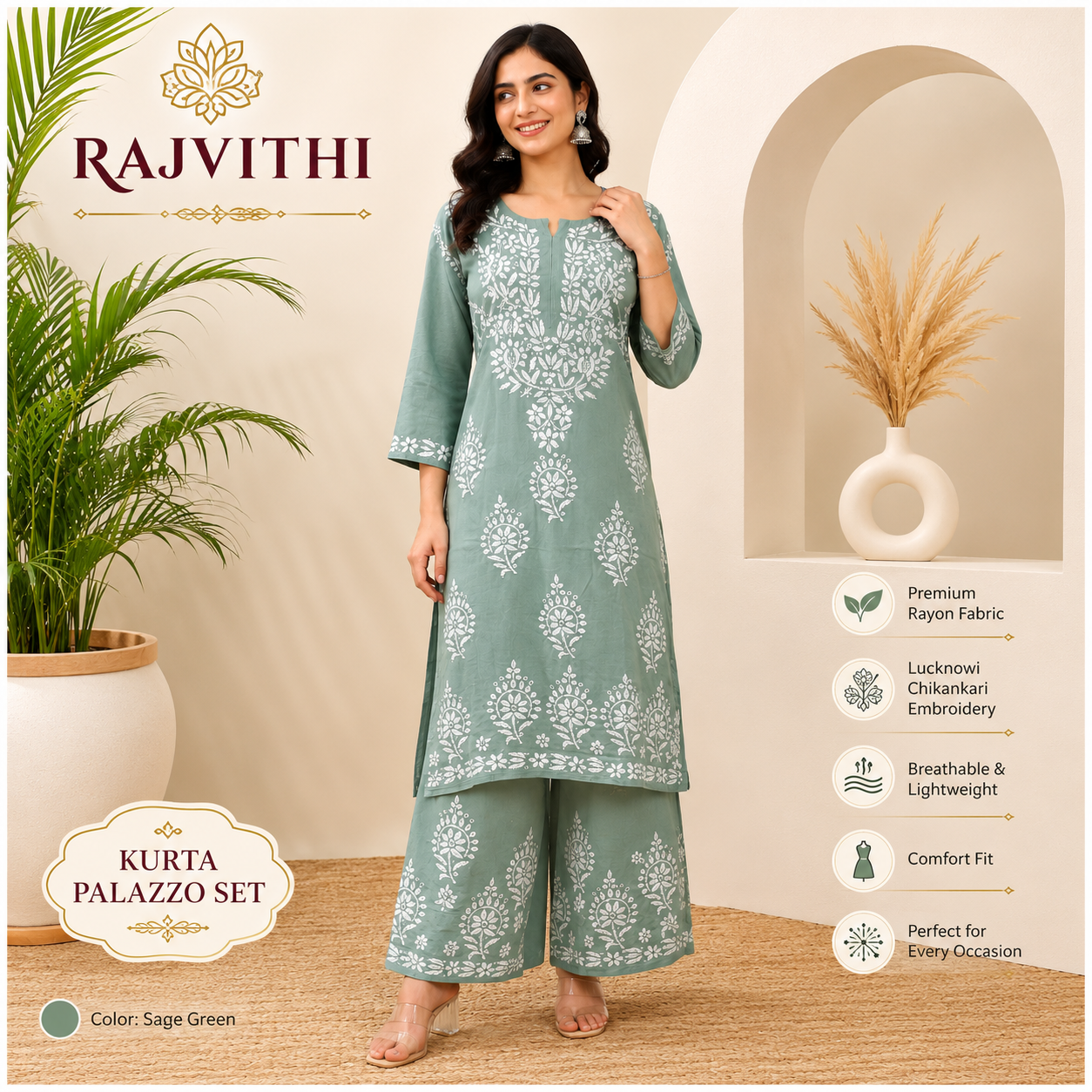 Rajvithi Women's Sage Green Lucknowi Chikankari Kurta Palazzo Set