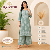 Rajvithi Women's Sage Green Lucknowi Chikankari Kurta Palazzo Set