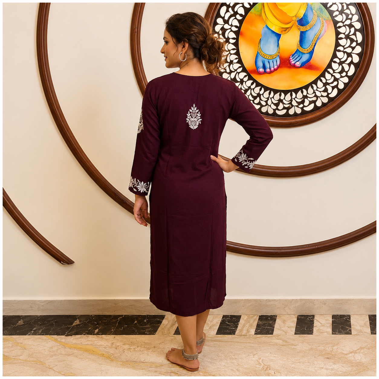 Rajvithi Women's Wine Color Rayon Chikankari Kurta