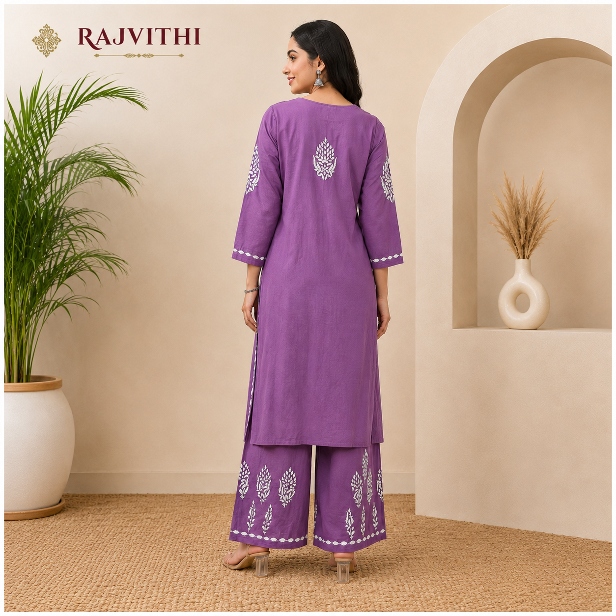 Rajvithi Women's Purple Chikankari Kurta Palazzo Set