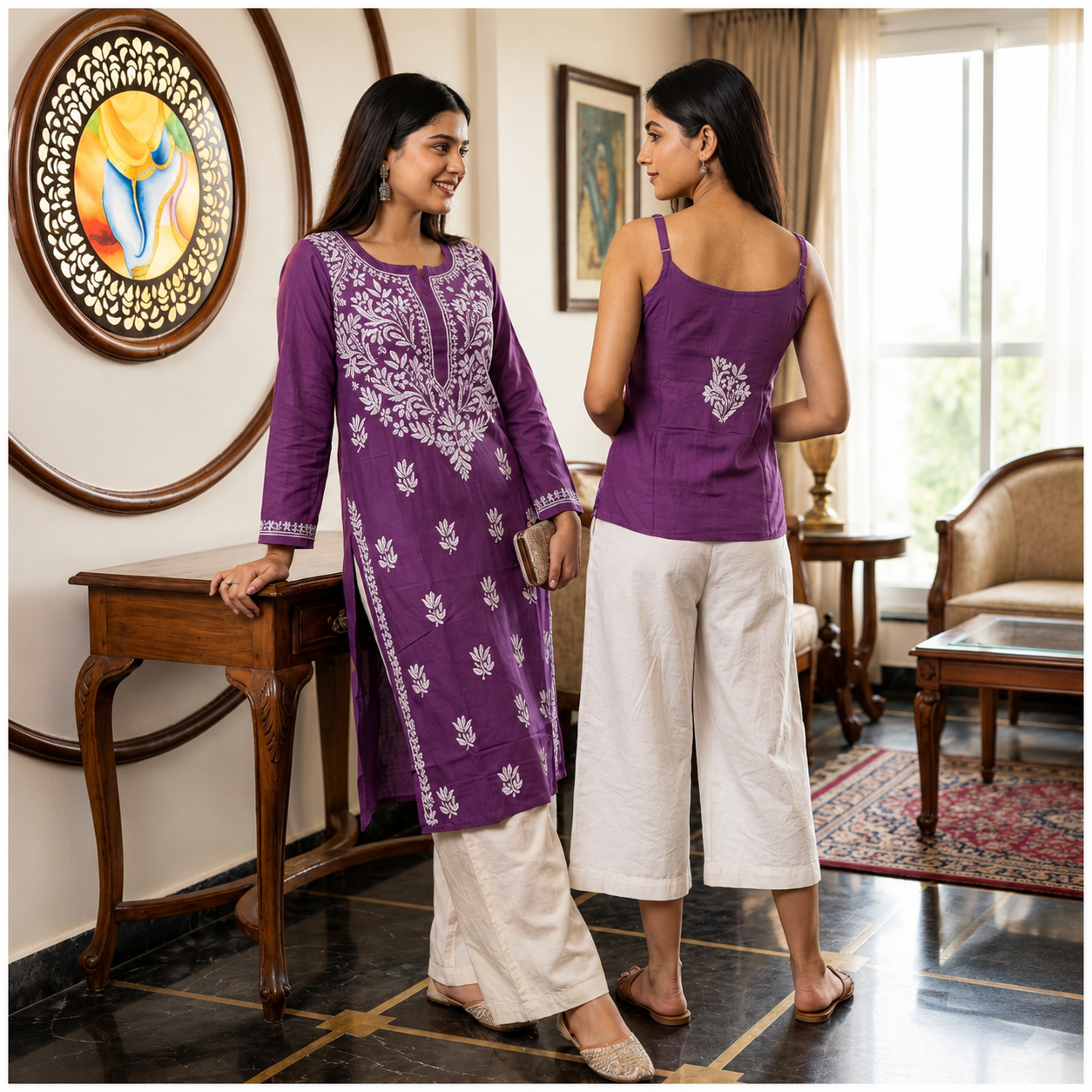 Rajvithi Women's Purple Noodle Strap Rayon Chikankari Kurta