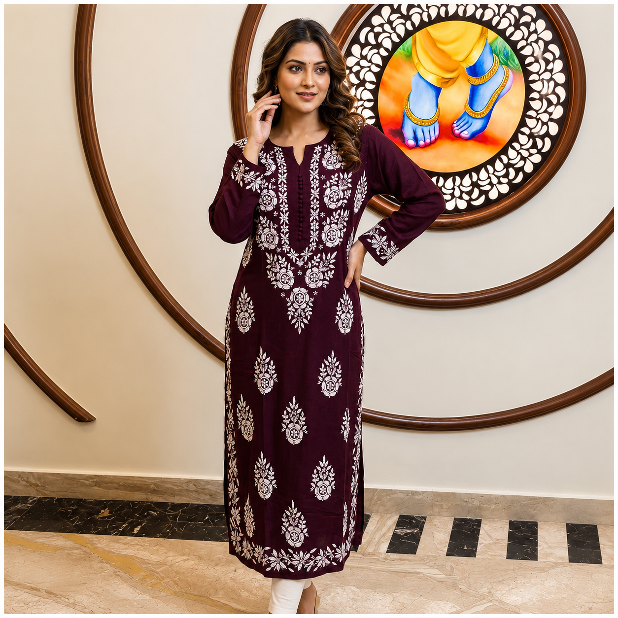 Rajvithi Women's Wine Color Rayon Chikankari Kurta