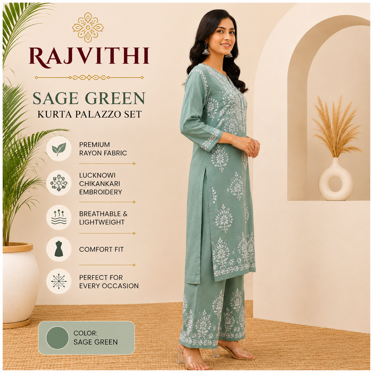 Rajvithi Women's Sage Green Lucknowi Chikankari Kurta Palazzo Set