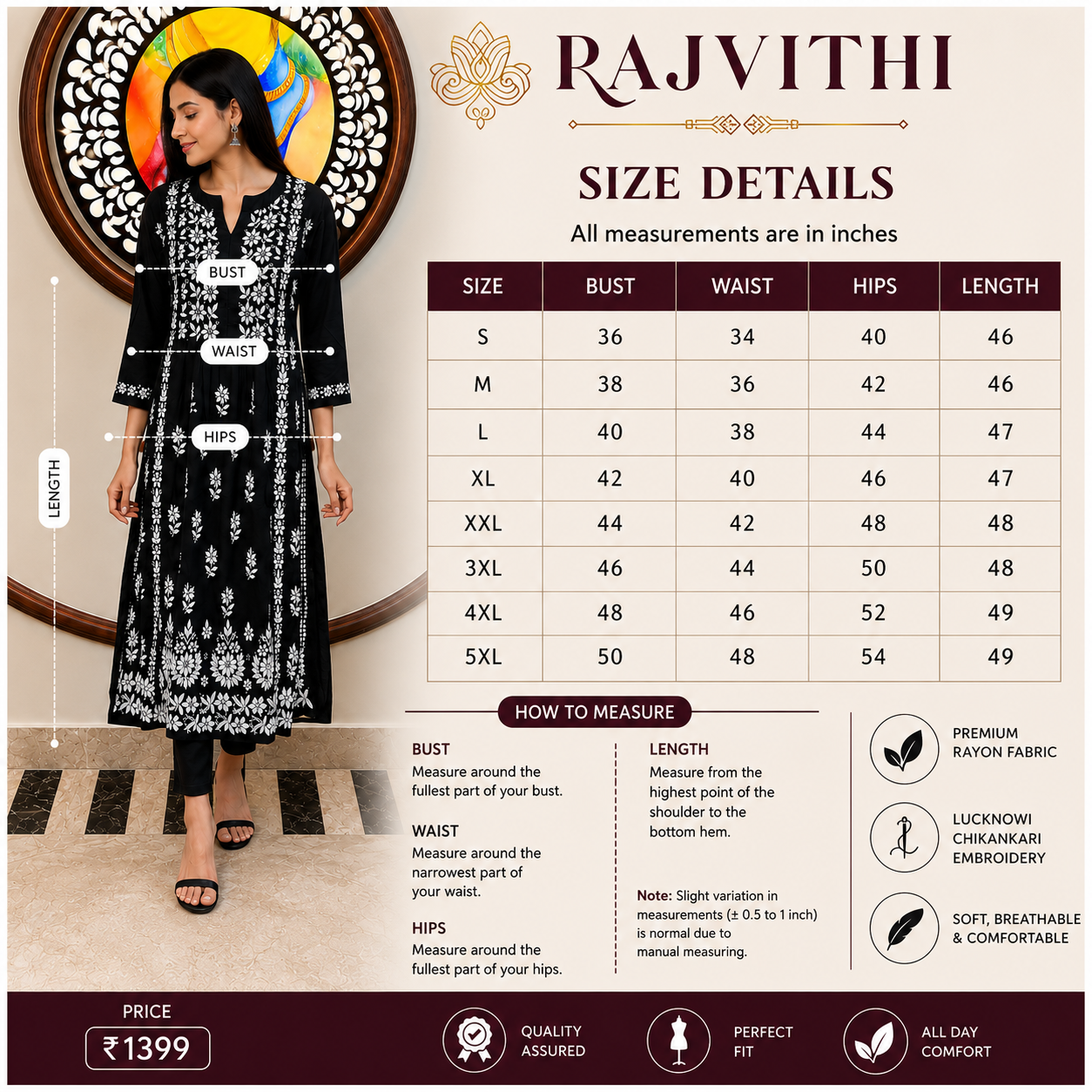 Rajvithi Women's Black Rayon Chikankari Nayra Kurta Set