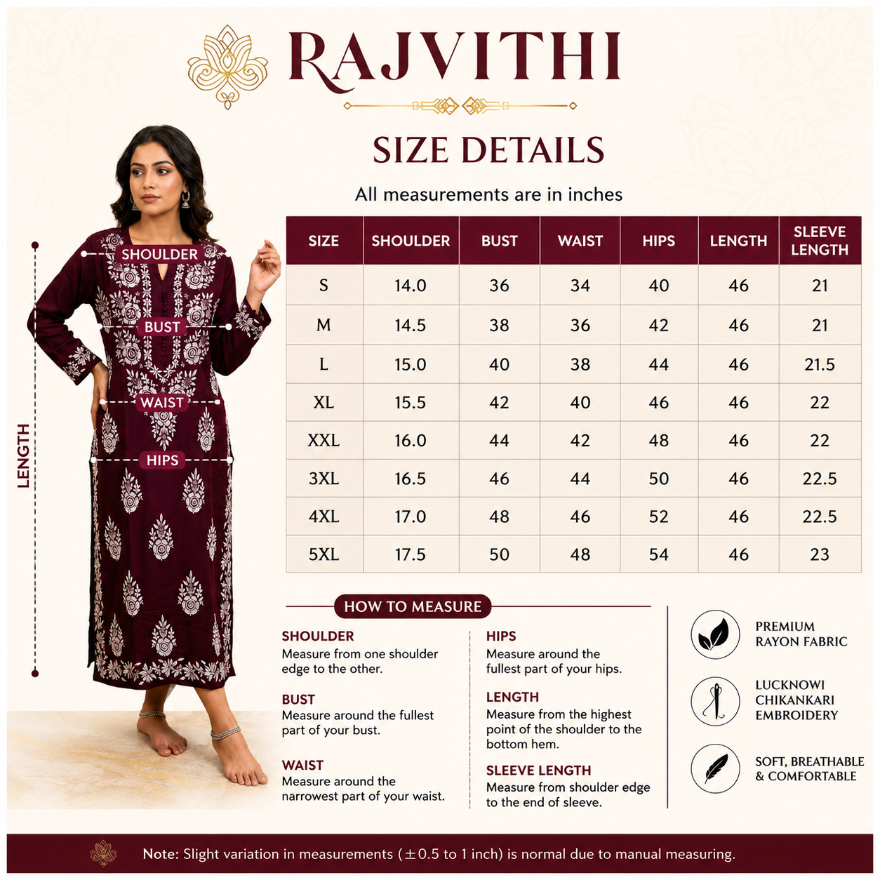 Rajvithi Women's Wine Color Rayon Chikankari Kurta