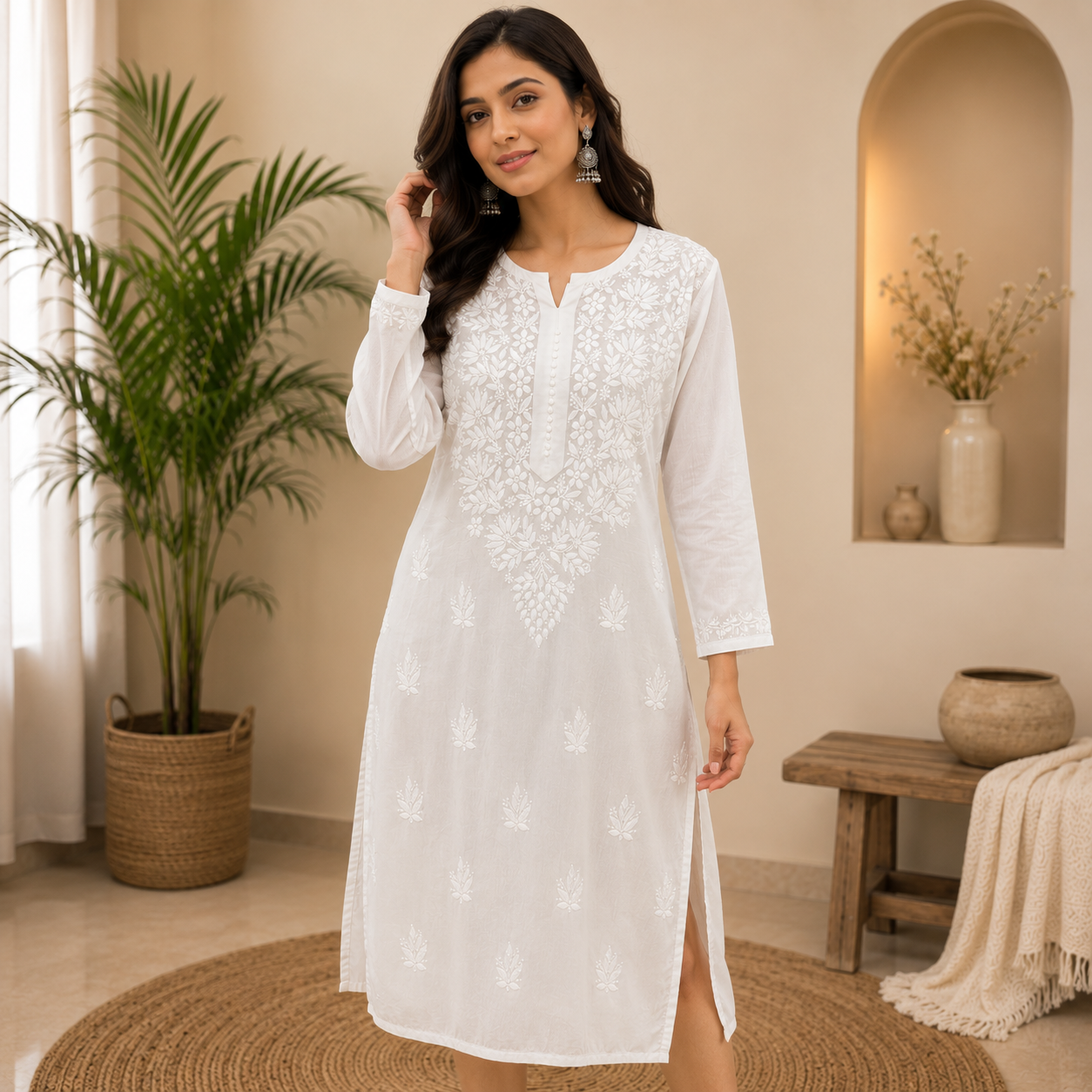 Rajvithi Women's White Chikankari Rayon Straight Kurta with Elegant Embroidery – Premium Ethnic Wear for Office, Festive & Casual Wear
