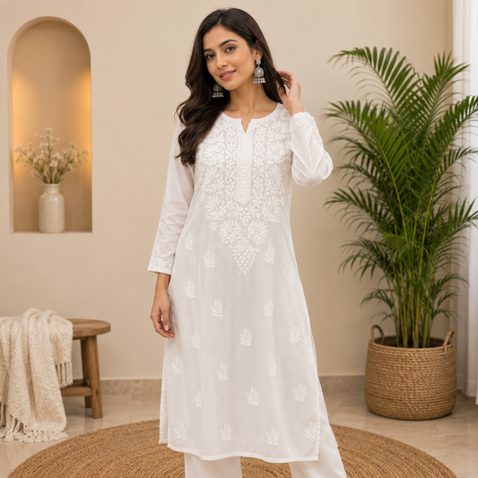 Rajvithi Women's White Chikankari Rayon Straight Kurta with Elegant Embroidery – Premium Ethnic Wear for Office, Festive & Casual Wear