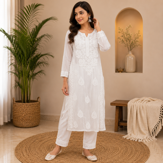 Rajvithi Women's White 3D Chikankari Rayon Kurta Pajama Set with Premium Embroidery – Elegant Ethnic Wear for Festive, Office & Casual Occasions