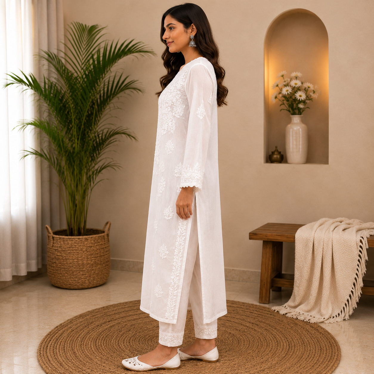 Rajvithi Women's White 3D Chikankari Rayon Kurta Pajama Set with Premium Embroidery – Elegant Ethnic Wear for Festive, Office & Casual Occasions