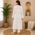 Rajvithi Women's White 3D Chikankari Rayon Kurta Pajama Set with Premium Embroidery – Elegant Ethnic Wear for Festive, Office & Casual Occasions