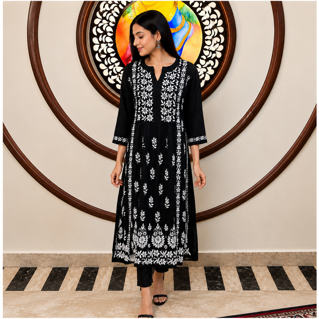 Rajvithi Women's Black Rayon Chikankari Nayra Kurta Set