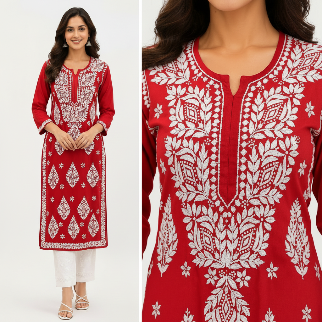 Women's Sindoori Red Rayon Chikankari Kurti | Rajvithi